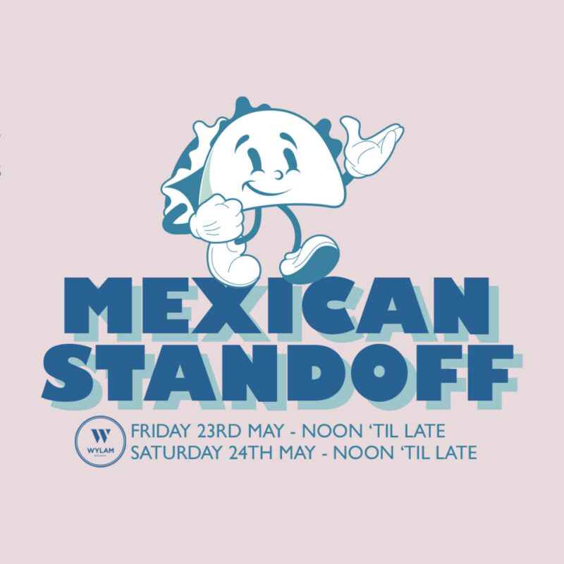 A cartoon taco with a smiling face, arms and legs walks along the top of bold blue words. They say: Mexican Stand Off