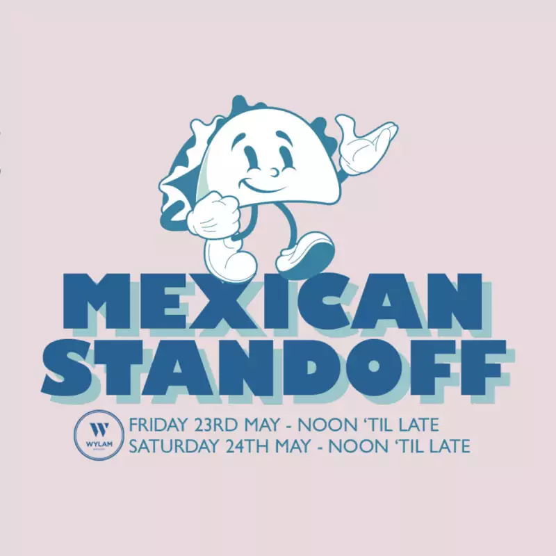 A cartoon taco with a smiling face, arms and legs walks along the top of bold blue words. They say: Mexican Stand Off