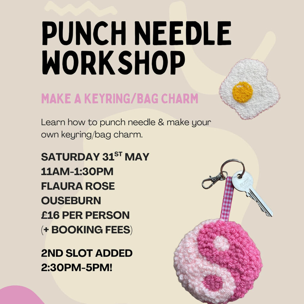 A pink peace sign key ring and an egg bag charm made using punch needling.