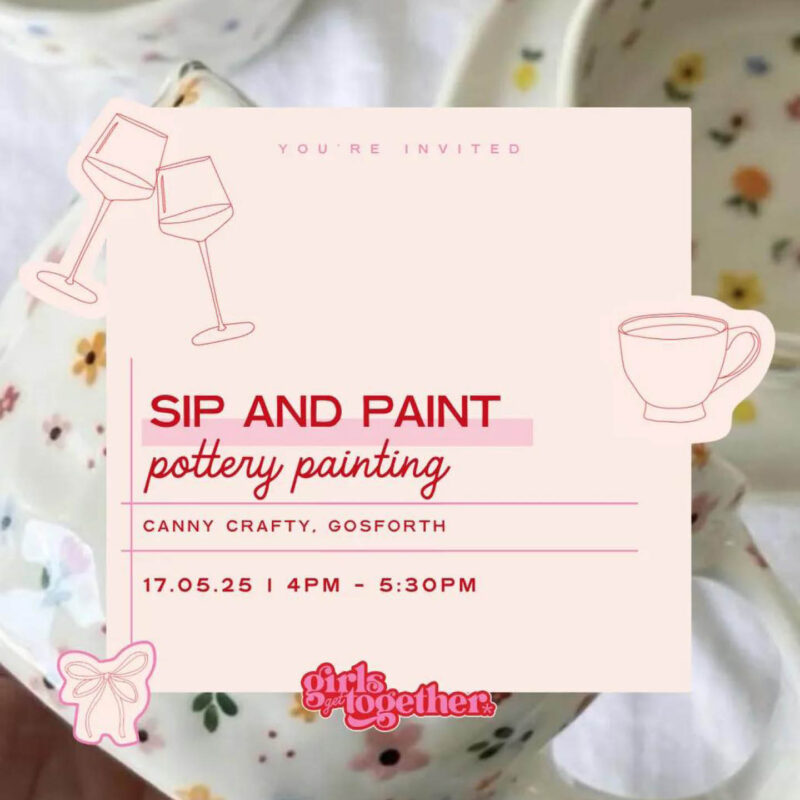Red text on a pink background with wine glass and tea cup doodles. The text says: Sip and Paint pottery painting. Canny Crafty, Gosforth.