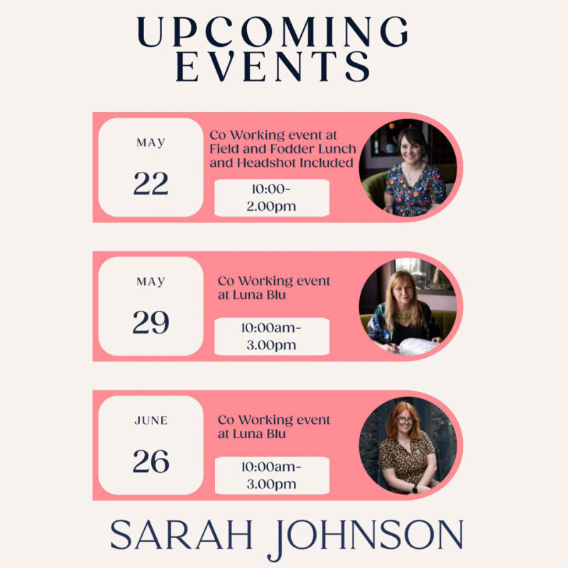 Sarah Johnson's upcoming co-working and mini photoshoot events.