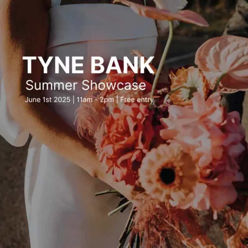 A bride in a white wedding dress holds a bouquet of pink flowers. White text overlays the image. It says: Tyne Bank Summer Showcase. 1st June 2025.