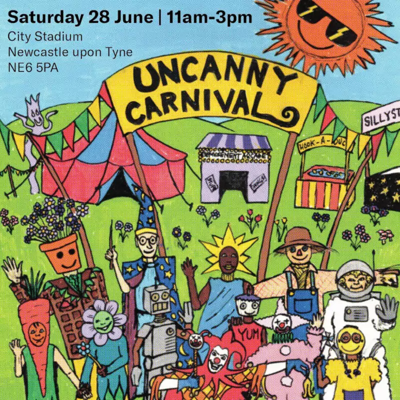 A colourful drawing of a green field full of circus style tents and stalls. A yellow entrance banner says Uncanny Carnival. A crowd of people stand beneath the sign. They wear funny costumes like a plant pot, a carrot, an astronaught and more.