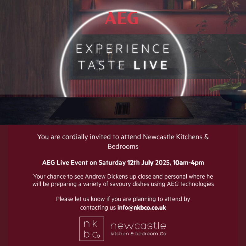 A ring of light glows above a flat black cooker. Inside the light, text reads: AEG Experience Taste Live. Below this image is a maroon banner with white text giving details about the event.