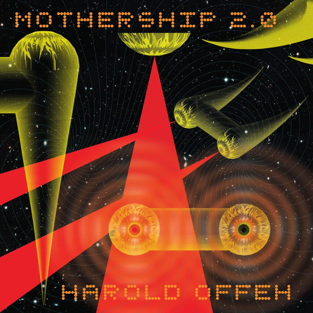 A futuristic digital drawing depicting spaceships, planets and light beams in black, green and red shapes. Digital style text reads: Mothership 2.0. Harold Offeh.